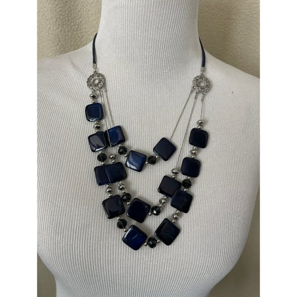 Navy Blue Square & Round Beaded 3-Tier Necklace - Picture 3 of 10